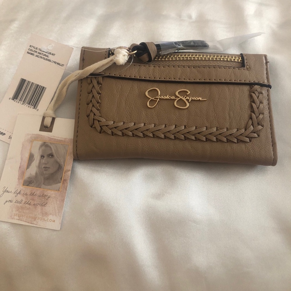 Jessica Simpson Jaclyn Faux Leather Fold Over Card Wallet Color Natural NWT
